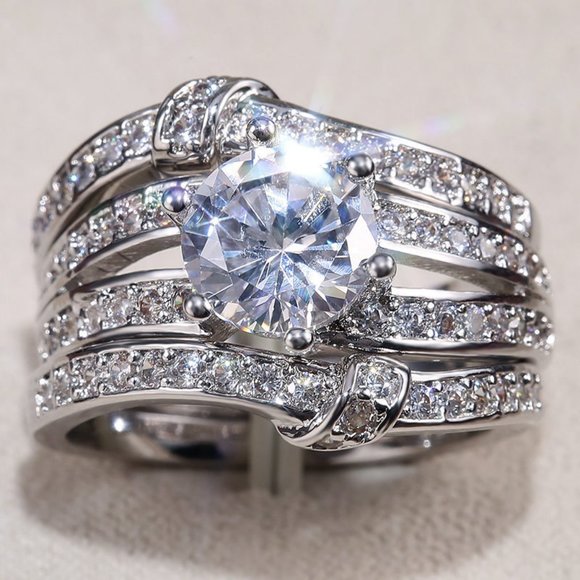 NEW 3 PC/Set 925 Silver Round Diamond Wedding Ring - Picture 3 of 4